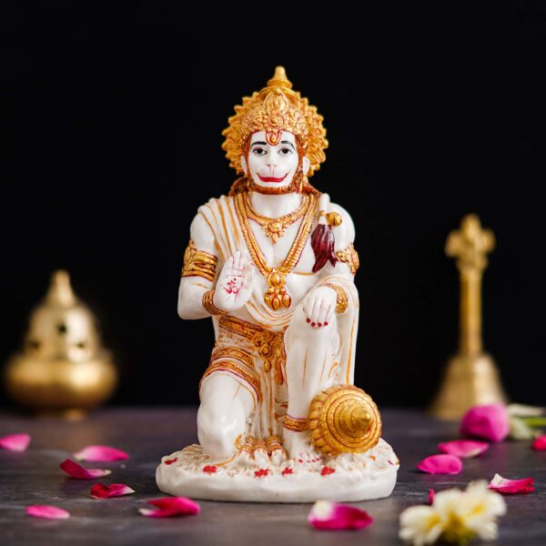 Hanuman Ji Marble Dust Murti Idol, Poly Marble Sitting Bajrang Bali for Pooja Temple Home Decoration Item Positive Envirement